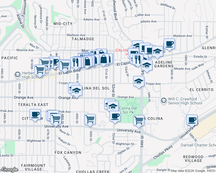 map of restaurants, bars, coffee shops, grocery stores, and more near 4262 52nd Street in San Diego
