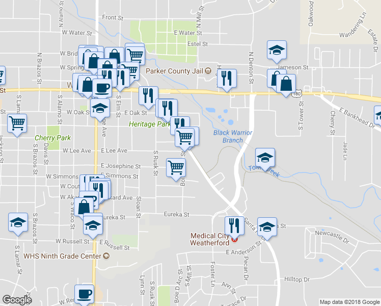 map of restaurants, bars, coffee shops, grocery stores, and more near 498 Santa Fe Drive in Weatherford