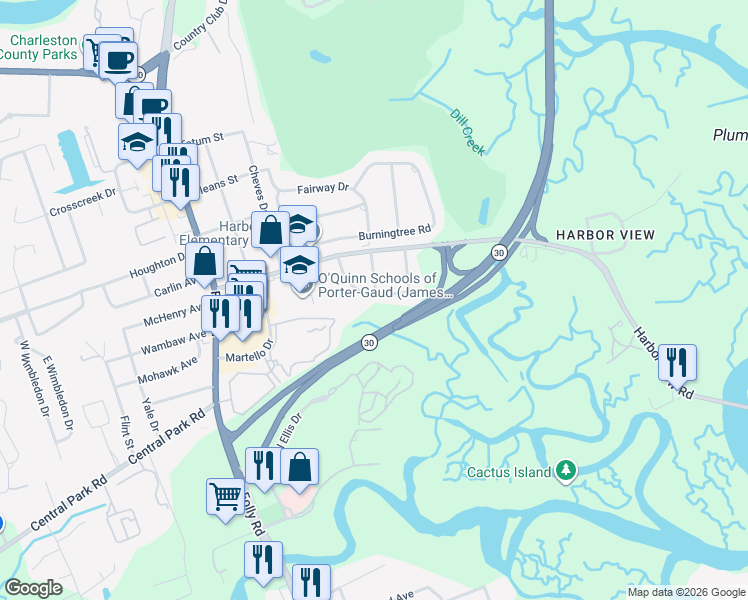 map of restaurants, bars, coffee shops, grocery stores, and more near 1523 Theresa Drive in Charleston