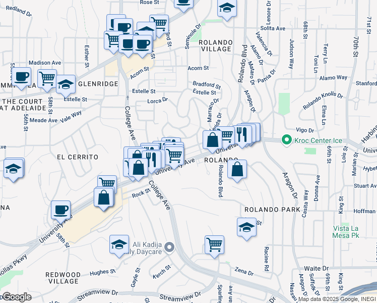 map of restaurants, bars, coffee shops, grocery stores, and more near 6222 University Avenue in San Diego