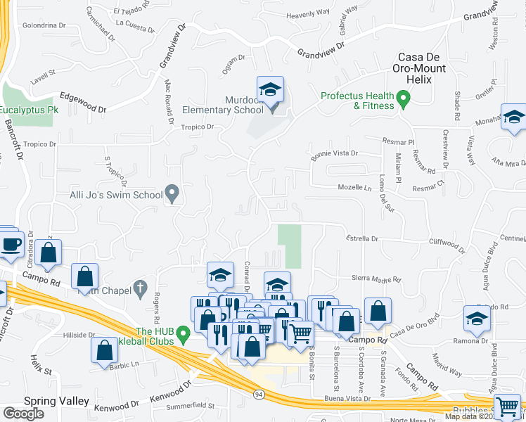 map of restaurants, bars, coffee shops, grocery stores, and more near 4130 Conrad Drive in Spring Valley