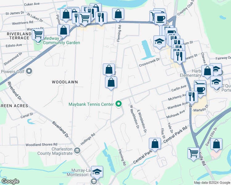 map of restaurants, bars, coffee shops, grocery stores, and more near 296 Fleming Road in Charleston