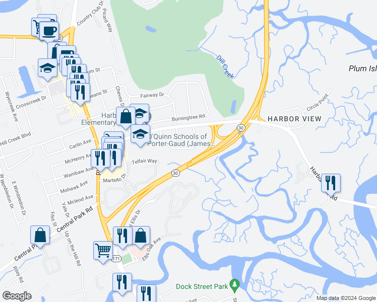 map of restaurants, bars, coffee shops, grocery stores, and more near 1509 Theresa Drive in Charleston
