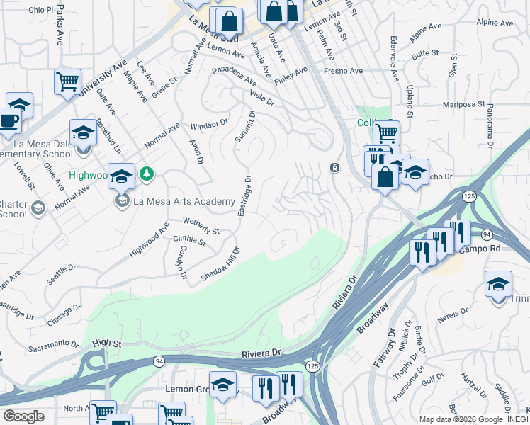 map of restaurants, bars, coffee shops, grocery stores, and more near 8160 Cinnabar Drive in La Mesa