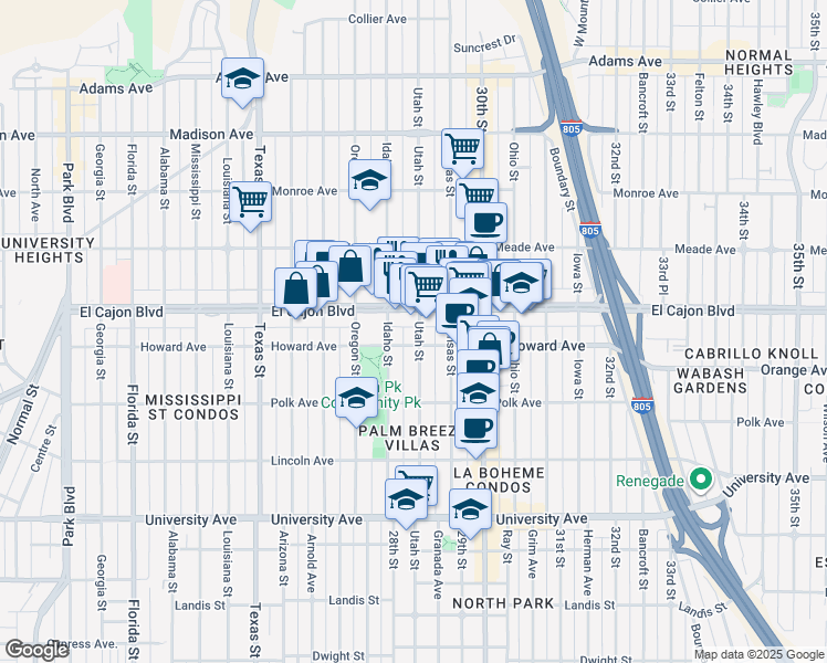 map of restaurants, bars, coffee shops, grocery stores, and more near 4226 Utah Street in San Diego