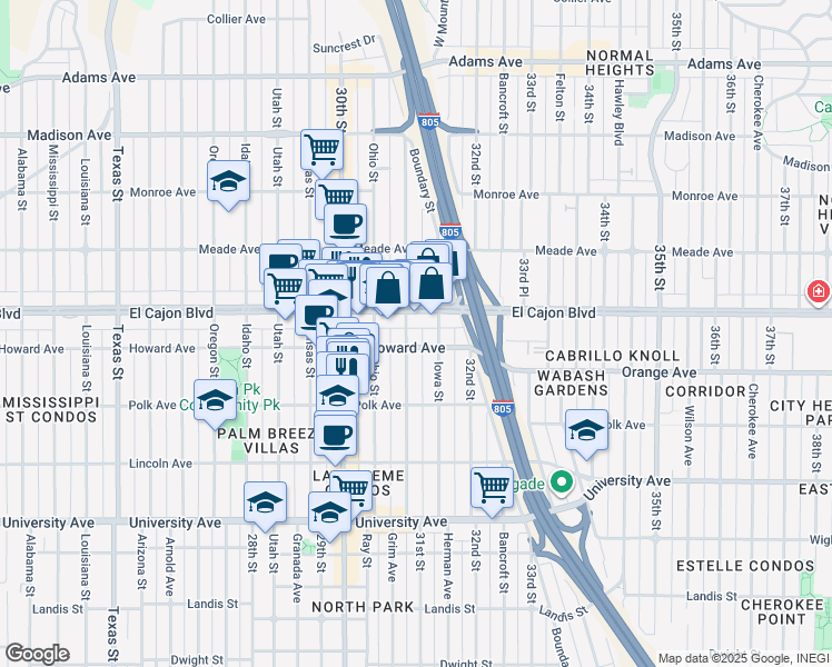 map of restaurants, bars, coffee shops, grocery stores, and more near 4195 Illinois Street in San Diego