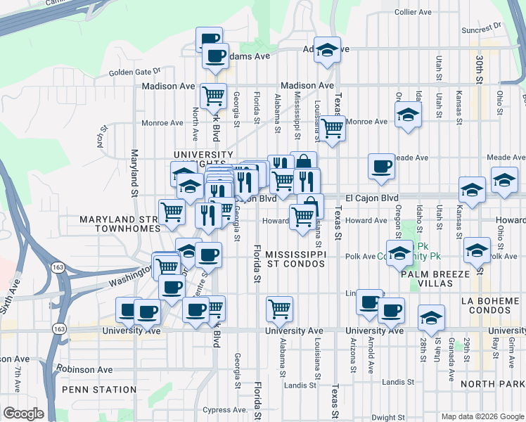 map of restaurants, bars, coffee shops, grocery stores, and more near 1937 Howard Avenue in San Diego
