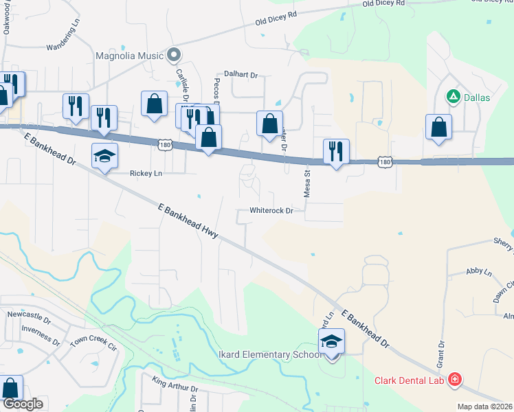 map of restaurants, bars, coffee shops, grocery stores, and more near 1632 Whiterock Drive in Weatherford
