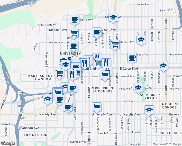 map of restaurants, bars, coffee shops, grocery stores, and more near 4225 Florida Street in San Diego