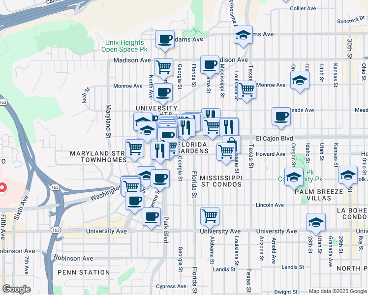 map of restaurants, bars, coffee shops, grocery stores, and more near 4225 Georgia Street in San Diego