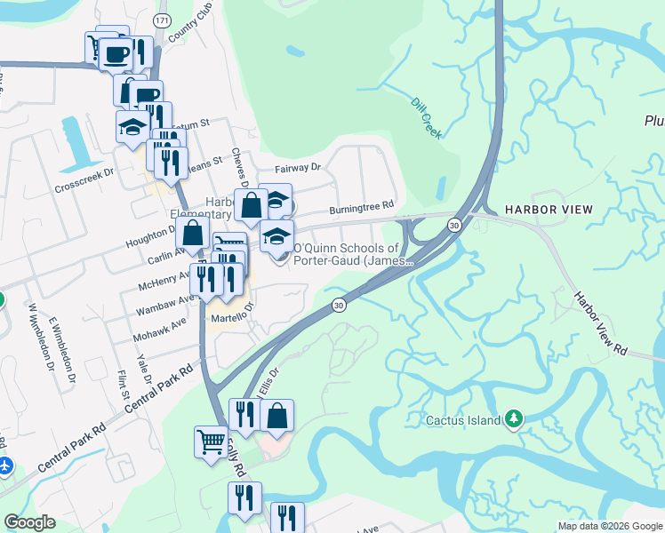 map of restaurants, bars, coffee shops, grocery stores, and more near 1529 Theresa Drive in Charleston