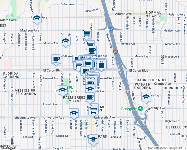 map of restaurants, bars, coffee shops, grocery stores, and more near 4192 30th Street in San Diego