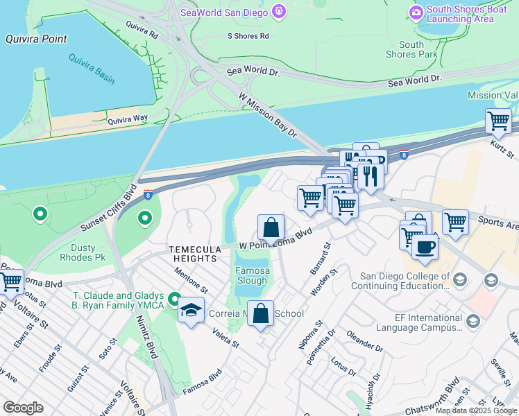 map of restaurants, bars, coffee shops, grocery stores, and more near 3050 Rue D’Orleans in San Diego