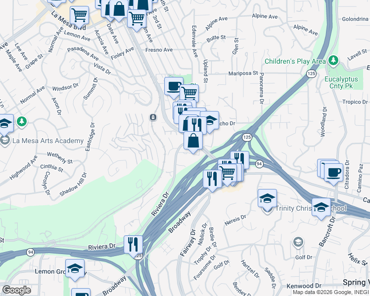 map of restaurants, bars, coffee shops, grocery stores, and more near 8530 Rockledge Road in La Mesa