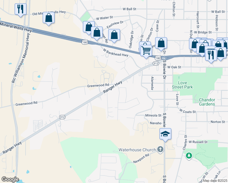 map of restaurants, bars, coffee shops, grocery stores, and more near 122 Pleasant View Drive in Weatherford