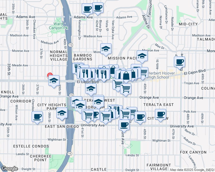 map of restaurants, bars, coffee shops, grocery stores, and more near 4276 Van Dyke Avenue in San Diego