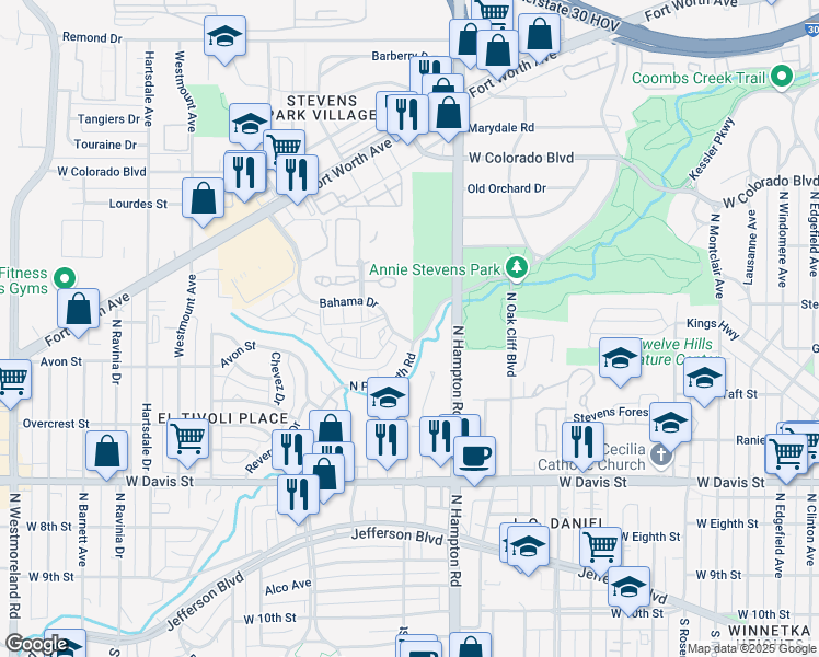 map of restaurants, bars, coffee shops, grocery stores, and more near 2405 Bahama Drive in Dallas