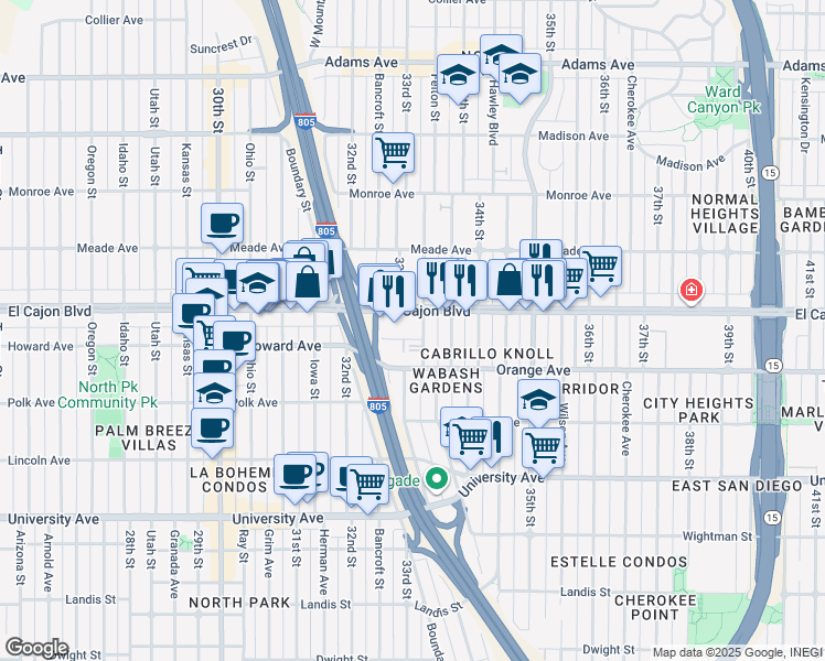 map of restaurants, bars, coffee shops, grocery stores, and more near 3285 Bramson Place in San Diego