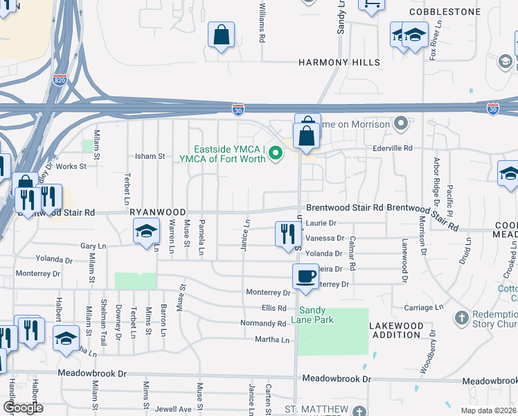 map of restaurants, bars, coffee shops, grocery stores, and more near 7300 Brentwood Stair Road in Fort Worth