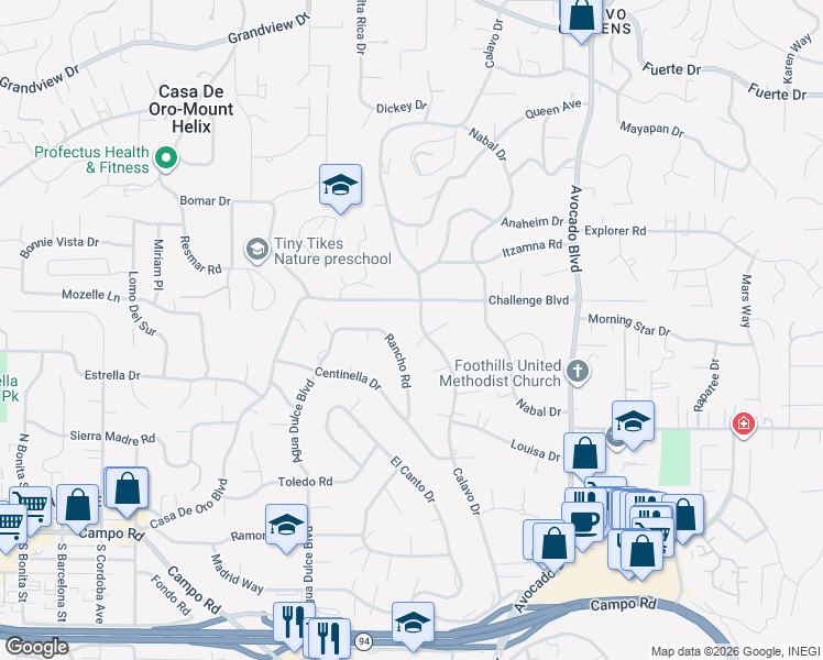 map of restaurants, bars, coffee shops, grocery stores, and more near 4164 Calavo Drive in La Mesa