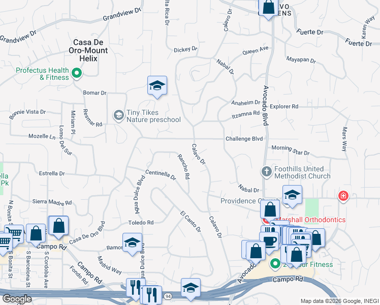 map of restaurants, bars, coffee shops, grocery stores, and more near 4164 Calavo Drive in La Mesa