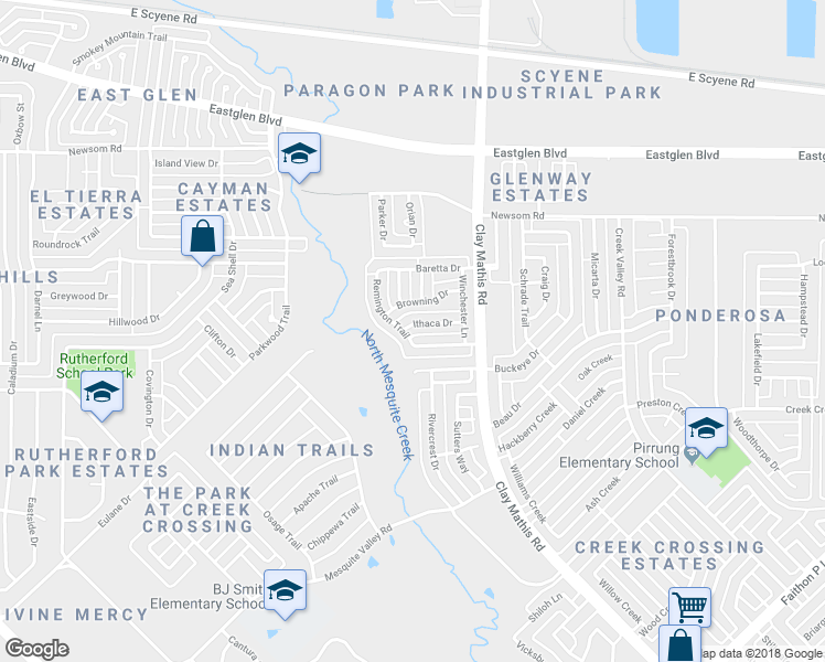 map of restaurants, bars, coffee shops, grocery stores, and more near 2304 Ithaca Drive in Mesquite