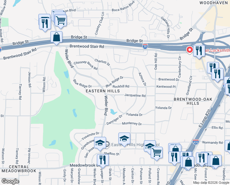 map of restaurants, bars, coffee shops, grocery stores, and more near 1701 Yolanda Drive in Fort Worth