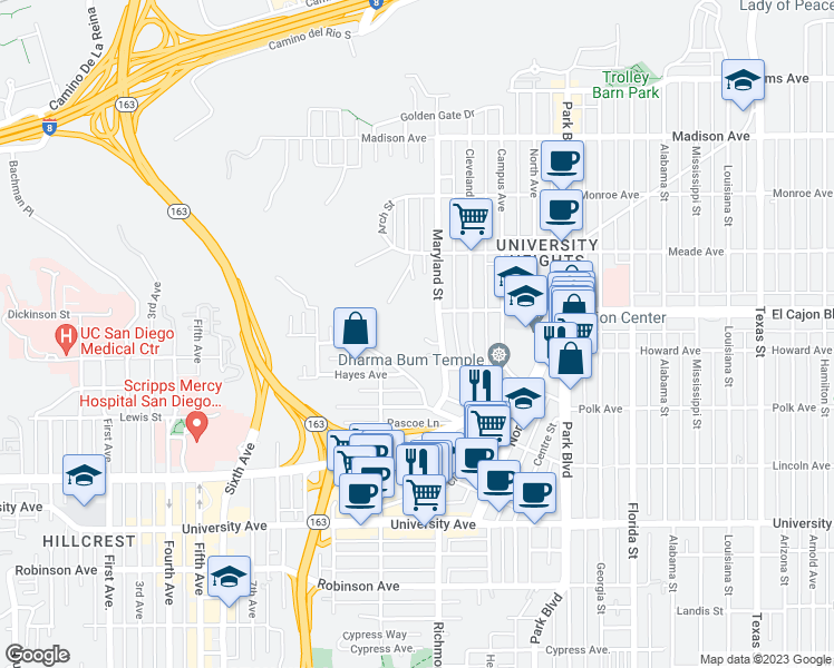 map of restaurants, bars, coffee shops, grocery stores, and more near 1201 Maryland Place in San Diego