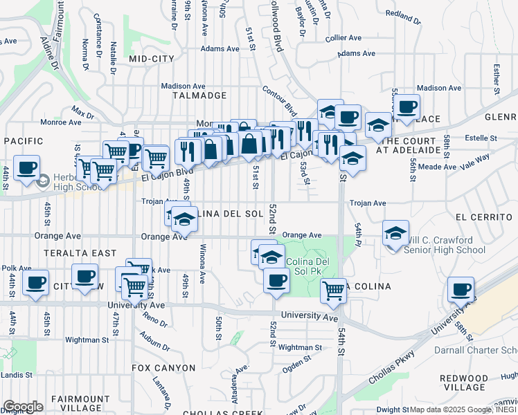 map of restaurants, bars, coffee shops, grocery stores, and more near 4262 52nd Street in San Diego