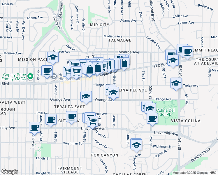 map of restaurants, bars, coffee shops, grocery stores, and more near 4245 Estrella Avenue in San Diego
