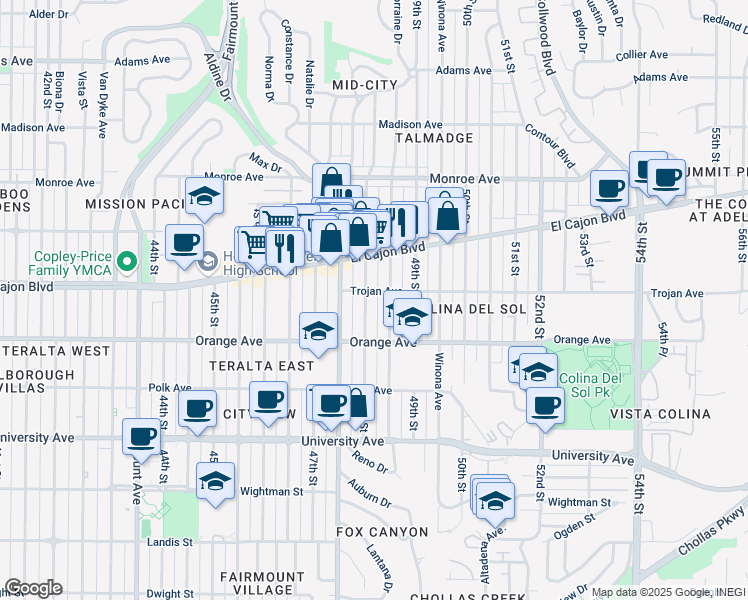 map of restaurants, bars, coffee shops, grocery stores, and more near 4244 48th Street in San Diego