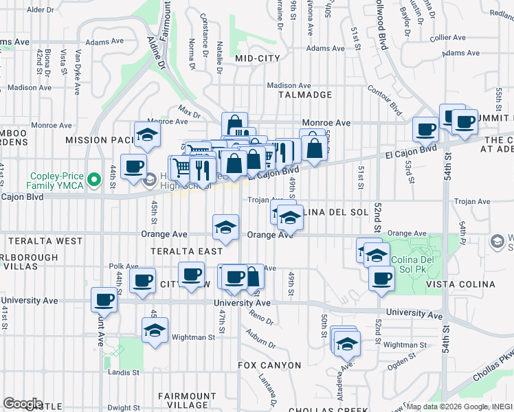 map of restaurants, bars, coffee shops, grocery stores, and more near 4244 48th Street in San Diego