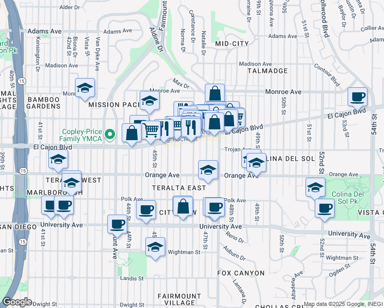 map of restaurants, bars, coffee shops, grocery stores, and more near 4240 Menlo Avenue in San Diego