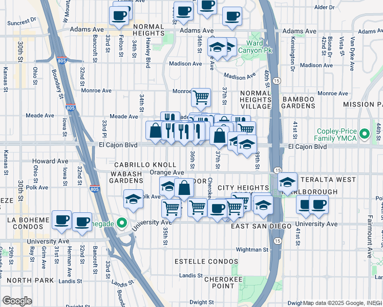 map of restaurants, bars, coffee shops, grocery stores, and more near 4235 36th Street in San Diego