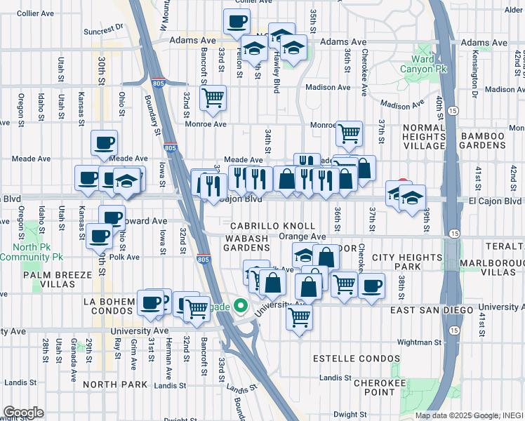 map of restaurants, bars, coffee shops, grocery stores, and more near 4228 34th Street in San Diego