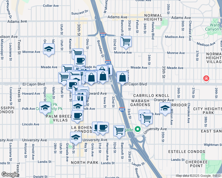 map of restaurants, bars, coffee shops, grocery stores, and more near 3167 Howard Avenue in San Diego