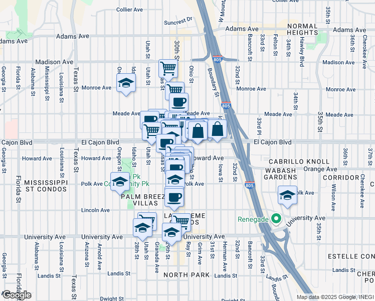 map of restaurants, bars, coffee shops, grocery stores, and more near 4193 Ohio Street in San Diego