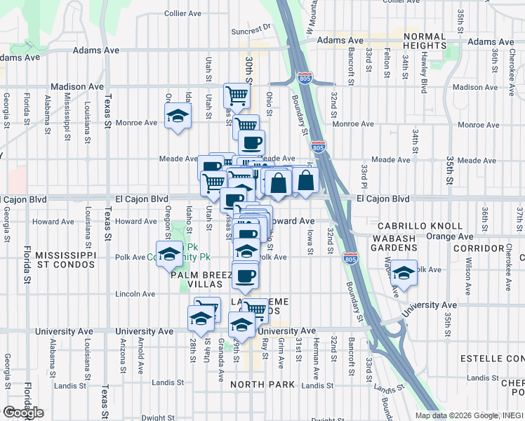 map of restaurants, bars, coffee shops, grocery stores, and more near 4193 Ohio Street in San Diego