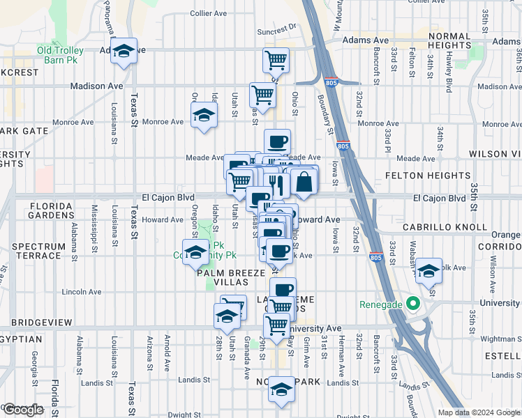 map of restaurants, bars, coffee shops, grocery stores, and more near 4192 30th Street in San Diego