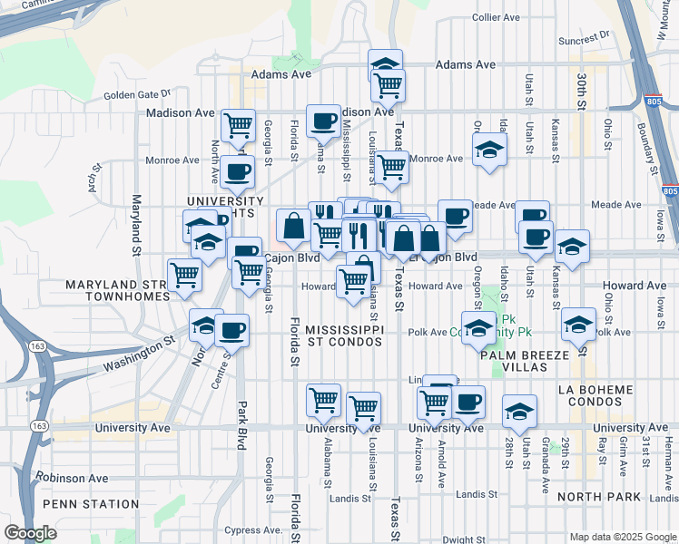 map of restaurants, bars, coffee shops, grocery stores, and more near 2203 Howard Avenue in San Diego