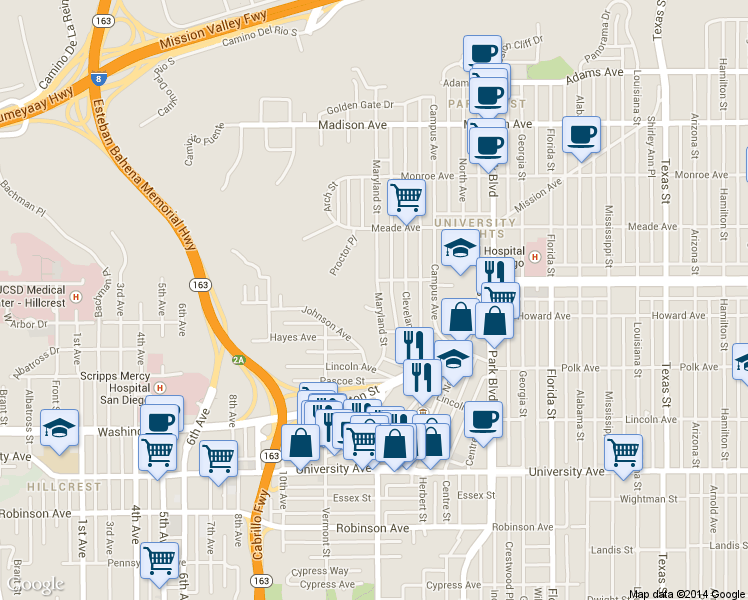 map of restaurants, bars, coffee shops, grocery stores, and more near 4232 Maryland Street in San Diego