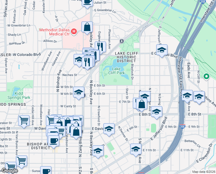 map of restaurants, bars, coffee shops, grocery stores, and more near 233 East 6th Street in Dallas