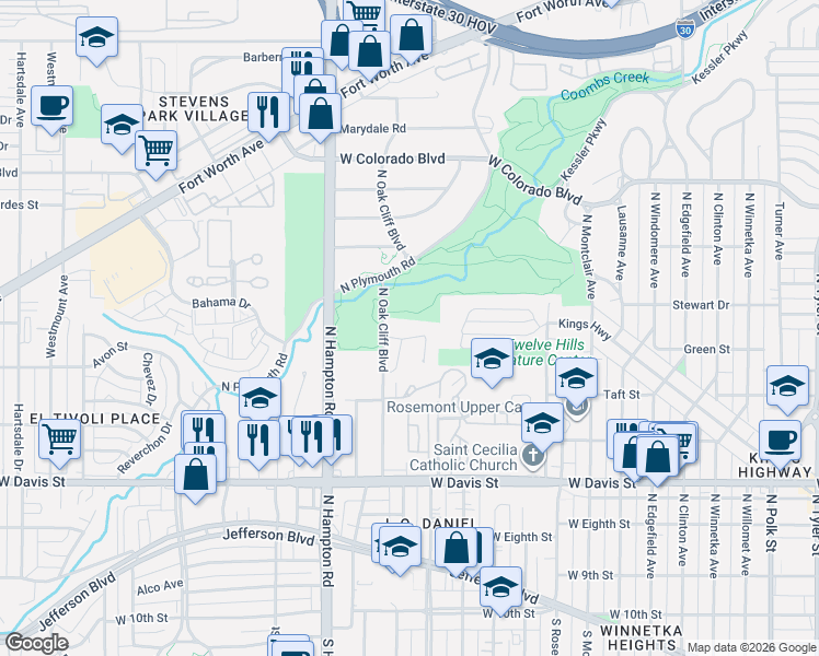 map of restaurants, bars, coffee shops, grocery stores, and more near 2222 Stevens Wood Lane in Dallas