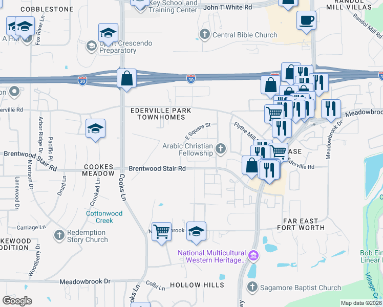 map of restaurants, bars, coffee shops, grocery stores, and more near 8100 Brentwood Stair Road in Fort Worth