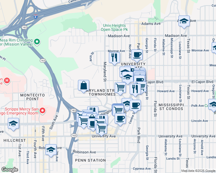 map of restaurants, bars, coffee shops, grocery stores, and more near 4259-61 Maryland Street in San Diego
