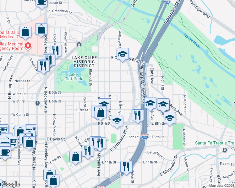 map of restaurants, bars, coffee shops, grocery stores, and more near 501 North Ewing Avenue in Dallas