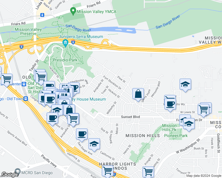 map of restaurants, bars, coffee shops, grocery stores, and more near 2268 Hickory Street in San Diego