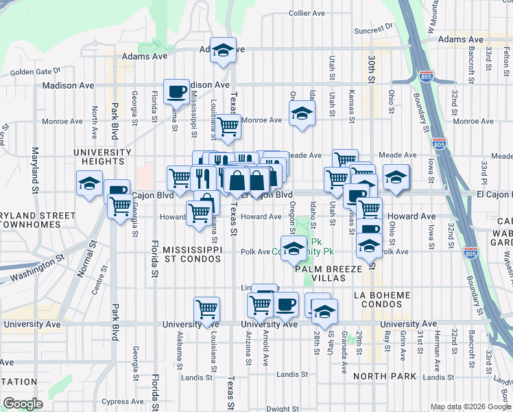 map of restaurants, bars, coffee shops, grocery stores, and more near 4225 Arizona Street in San Diego