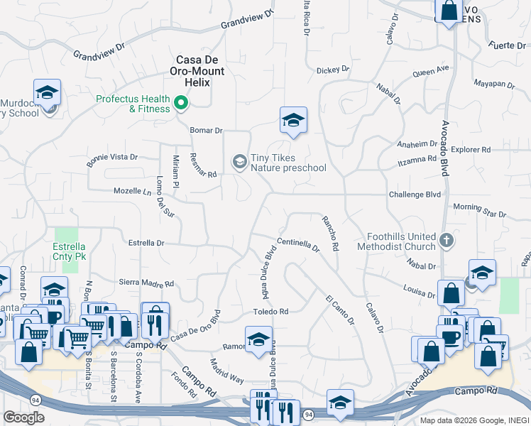 map of restaurants, bars, coffee shops, grocery stores, and more near 10249 Challenge Boulevard in La Mesa
