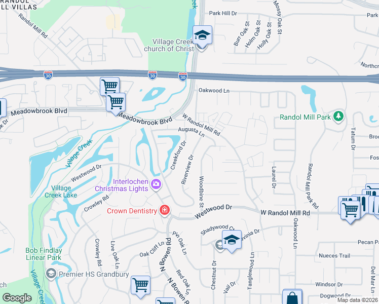 map of restaurants, bars, coffee shops, grocery stores, and more near 1502 Riverview Drive in Arlington